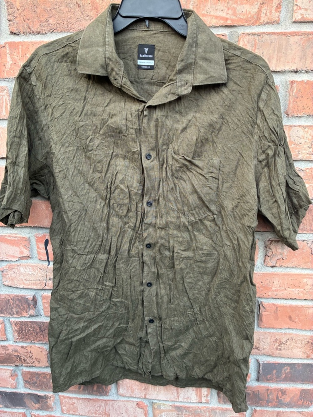 Van Heusen Olive Green Short-Sleeve Button-Down Shirt 100% Linen